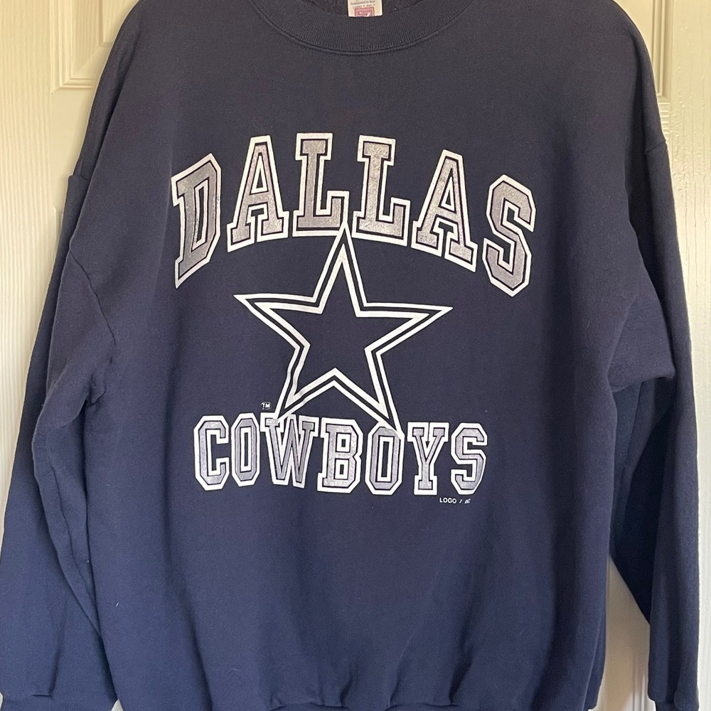 Vintage Logo 7 Dallas Cowboys Sweatshirt Navy Blue NFL Graphic Crewneck XL USA